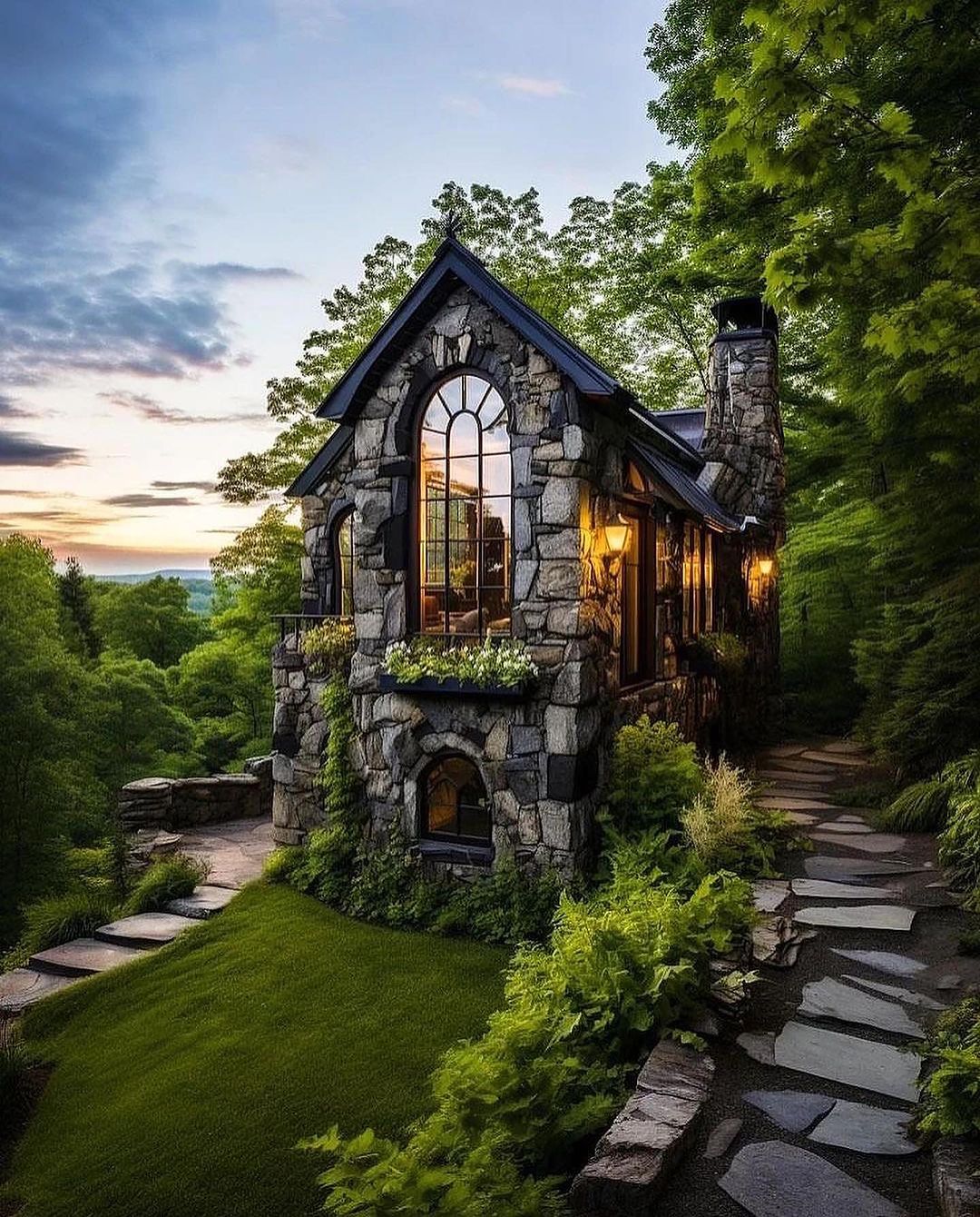 Charming stone house with large arched windows and vibrant green foliage