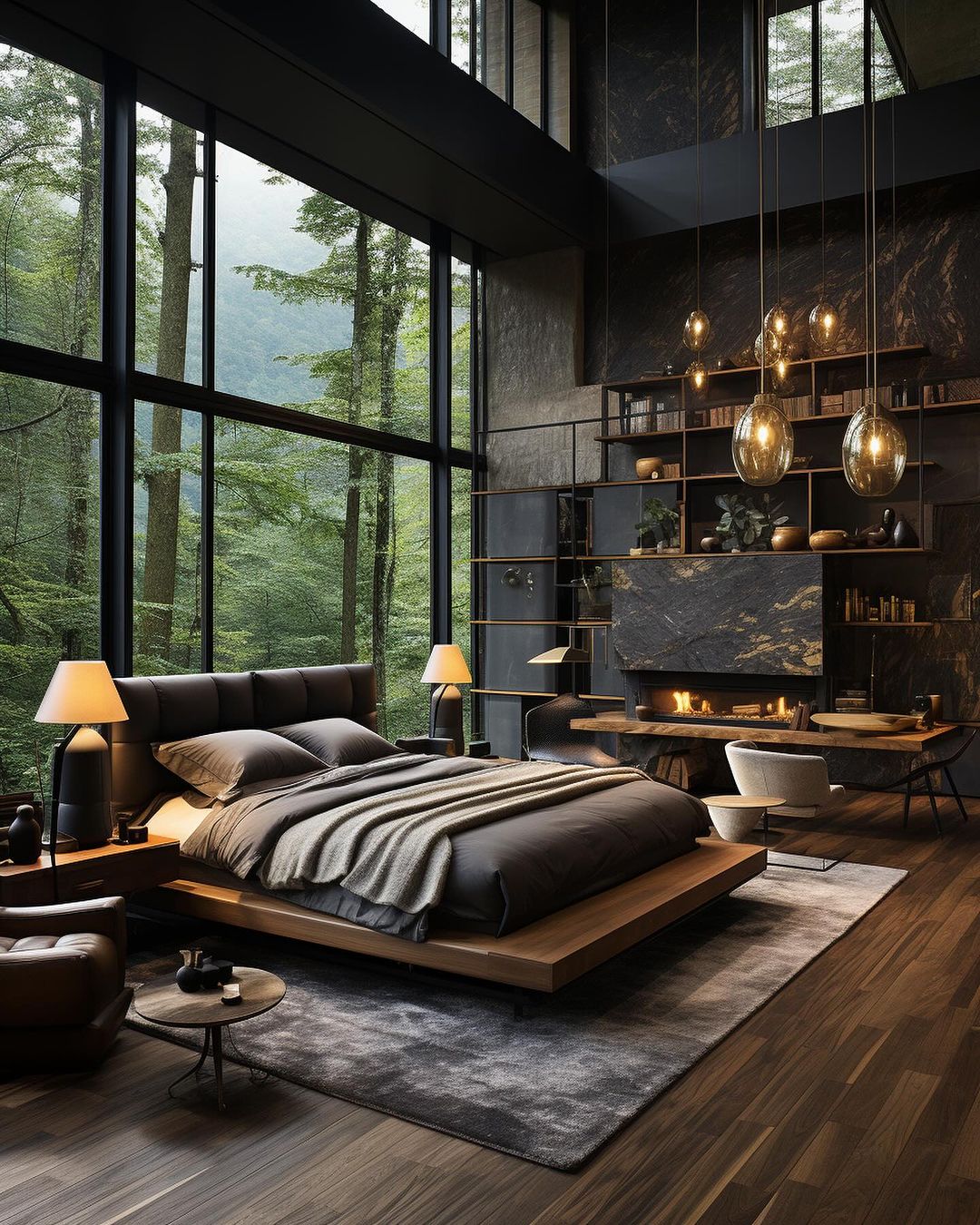 A serene bedroom with towering windows offering a view of a lush forest