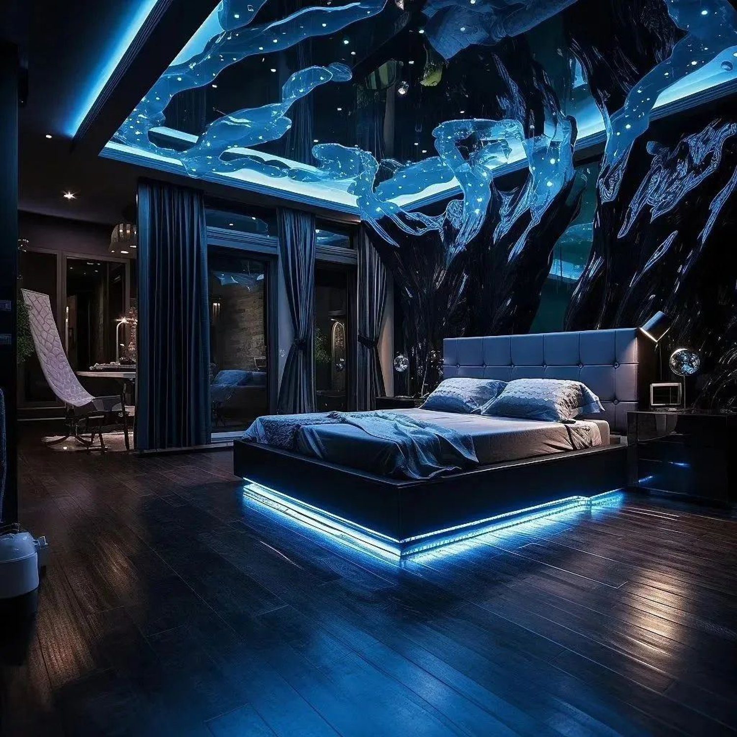 A modern bedroom featuring an aquatic theme with glowing jellyfish mural, LED platform bed, and dark hardwood flooring