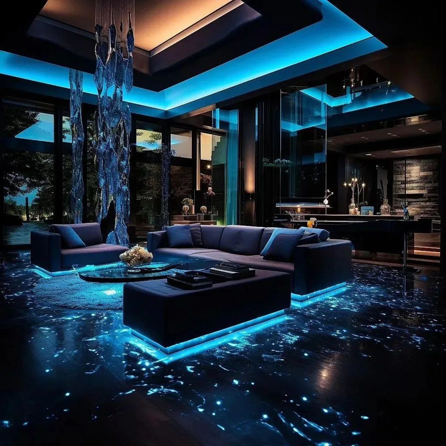 Futuristic living room with water-like floor lighting