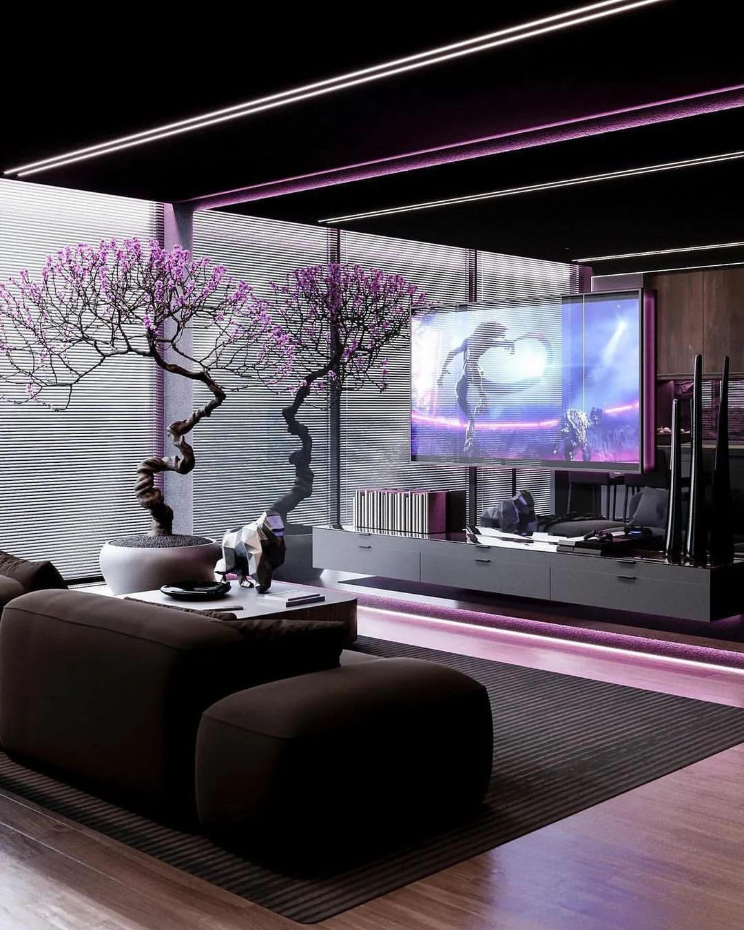 A modern living room with chic purple accent lighting