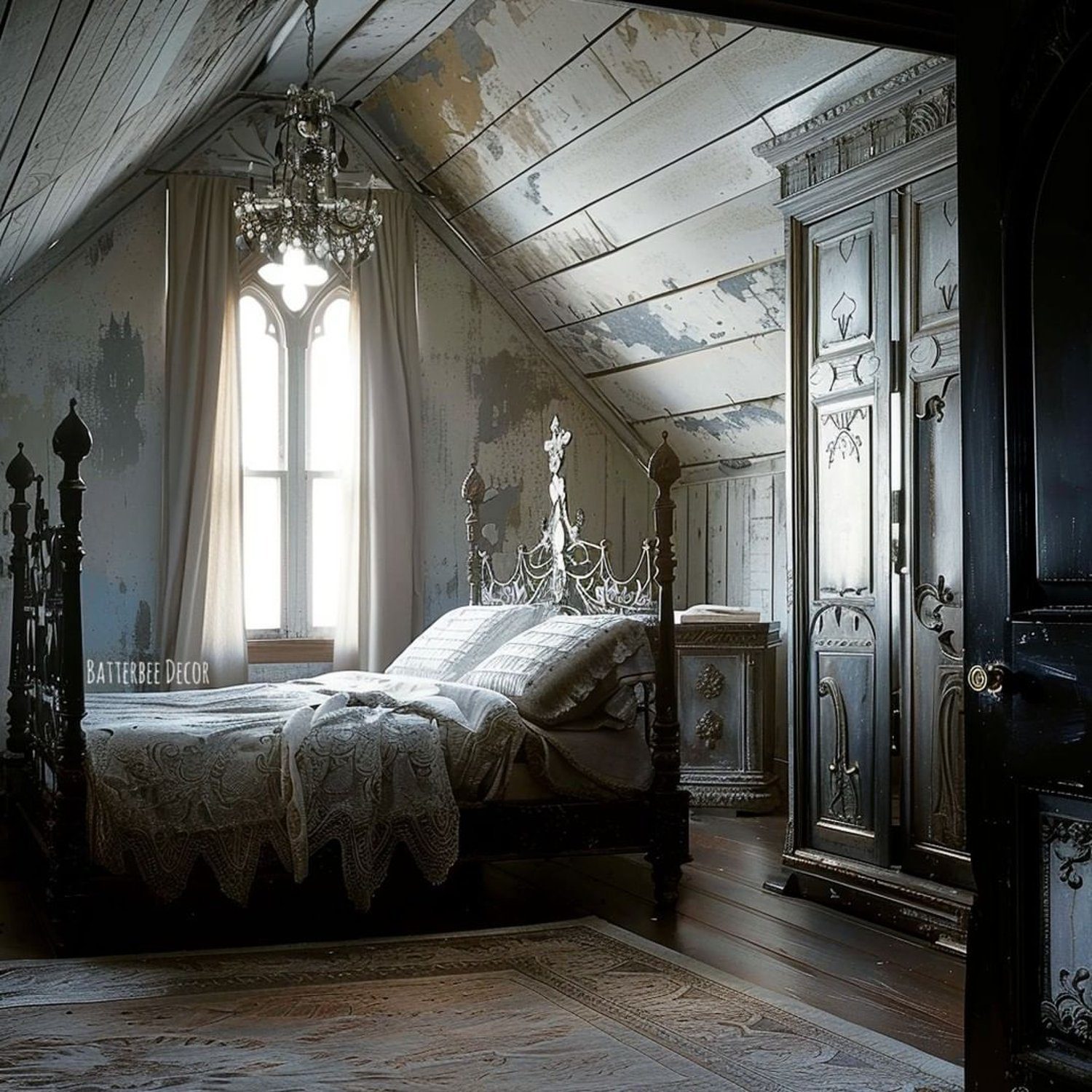 Gothic-inspired bedroom with dramatic interior