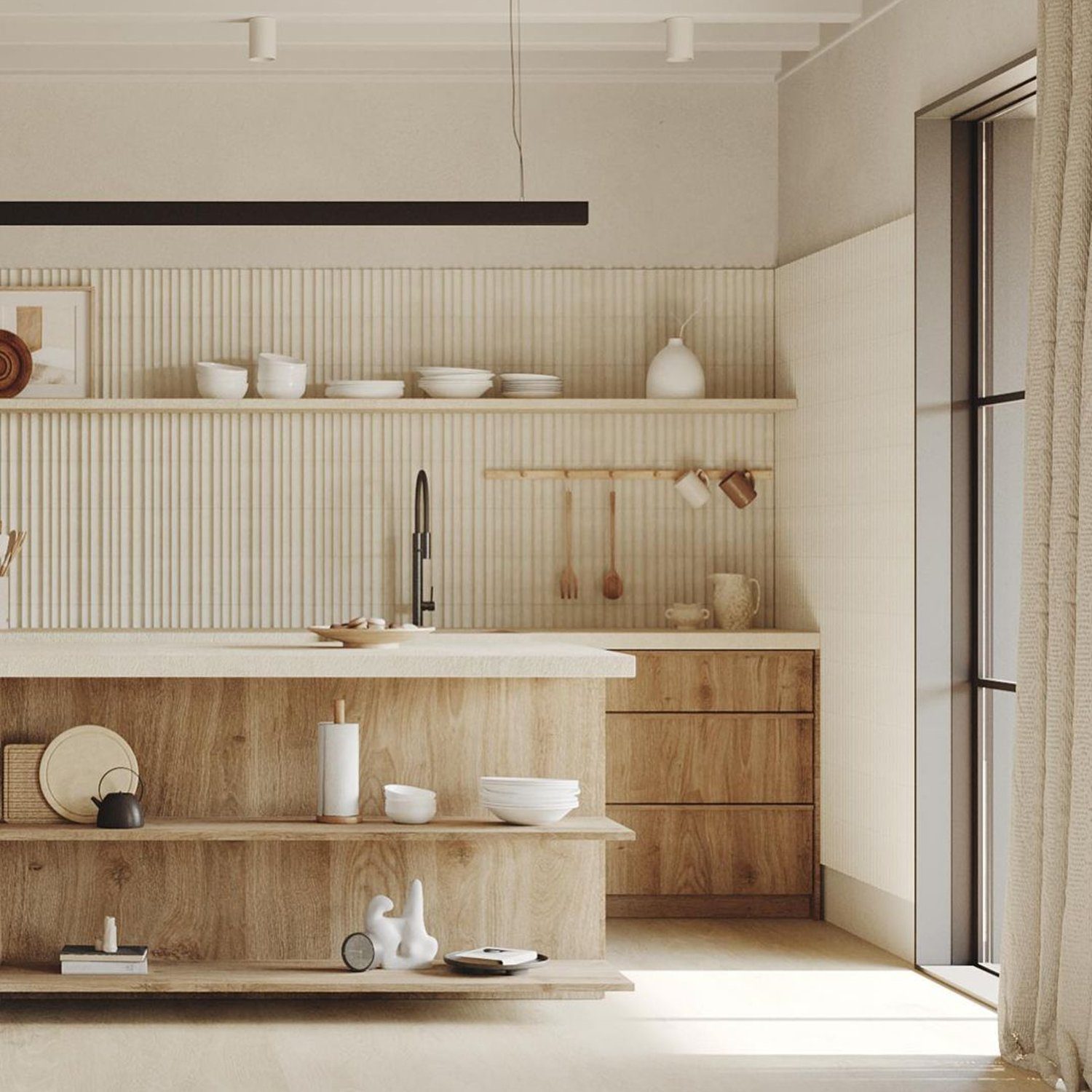 A minimalist kitchen design featuring natural wood tones