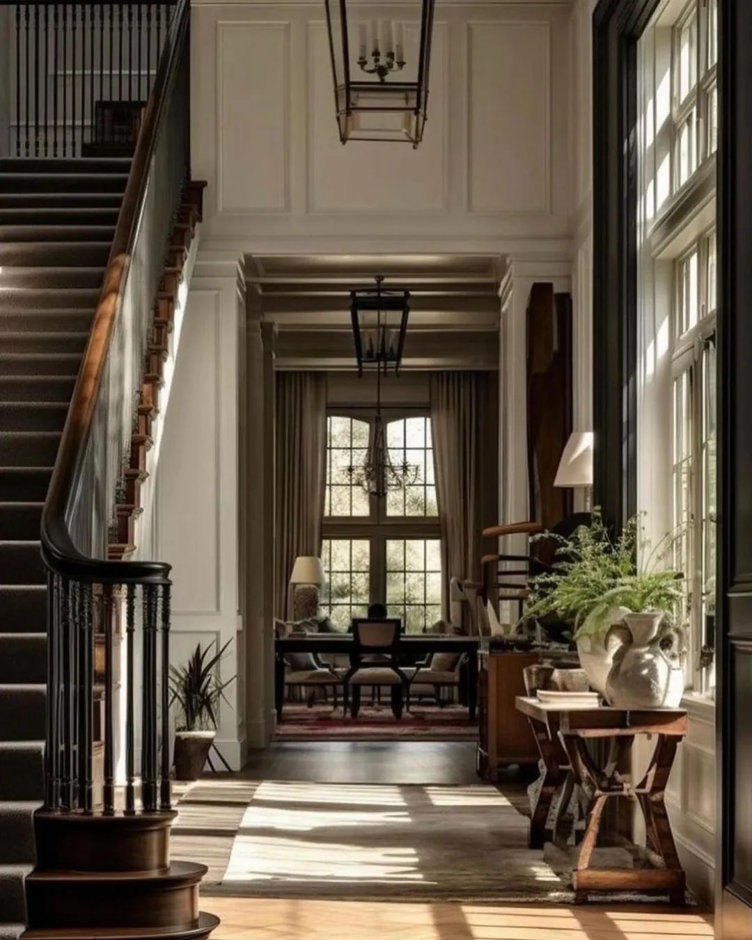 Classic interior of a hallway with sunlight casting shadows on the floor