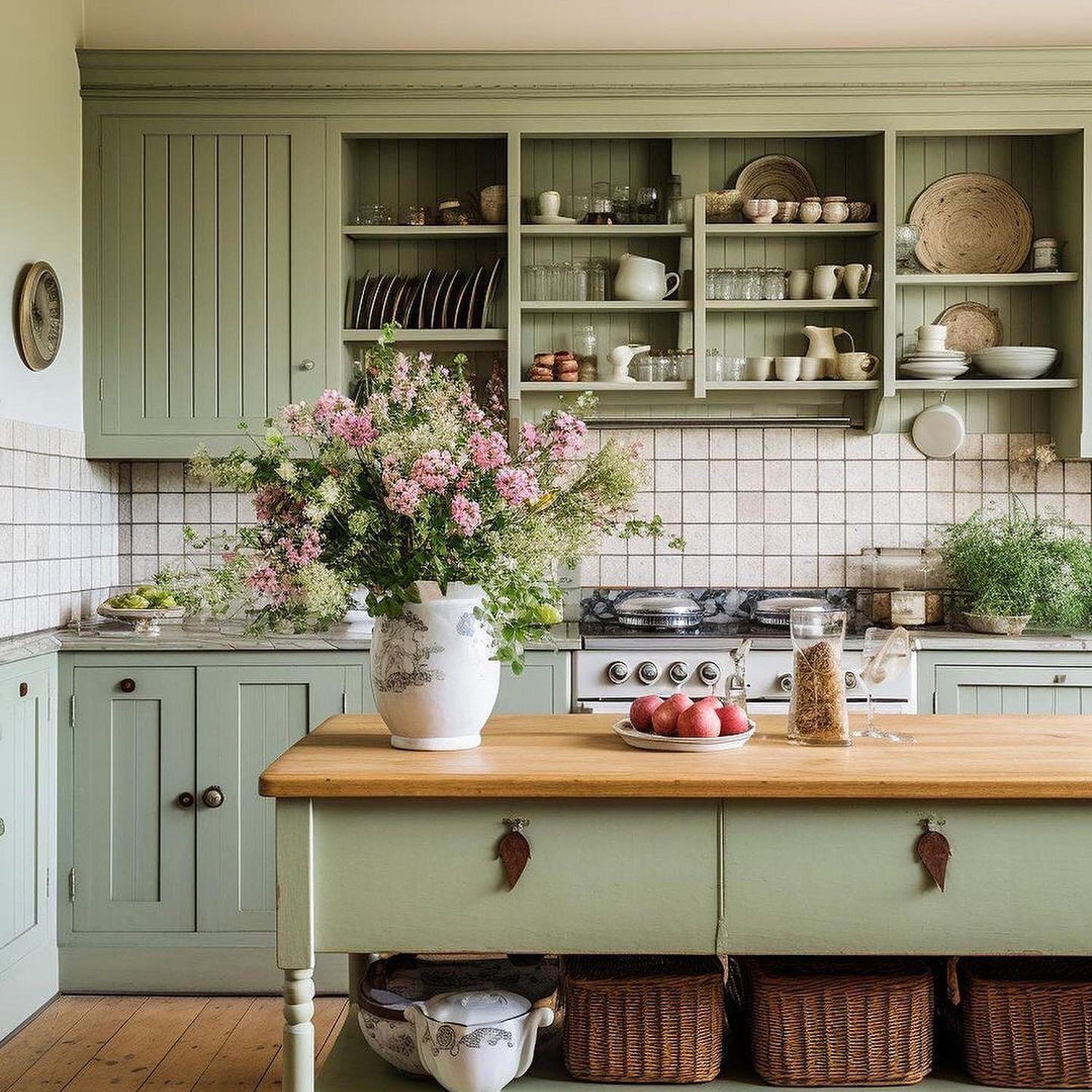 A quaint and charming kitchen with green cabinetry