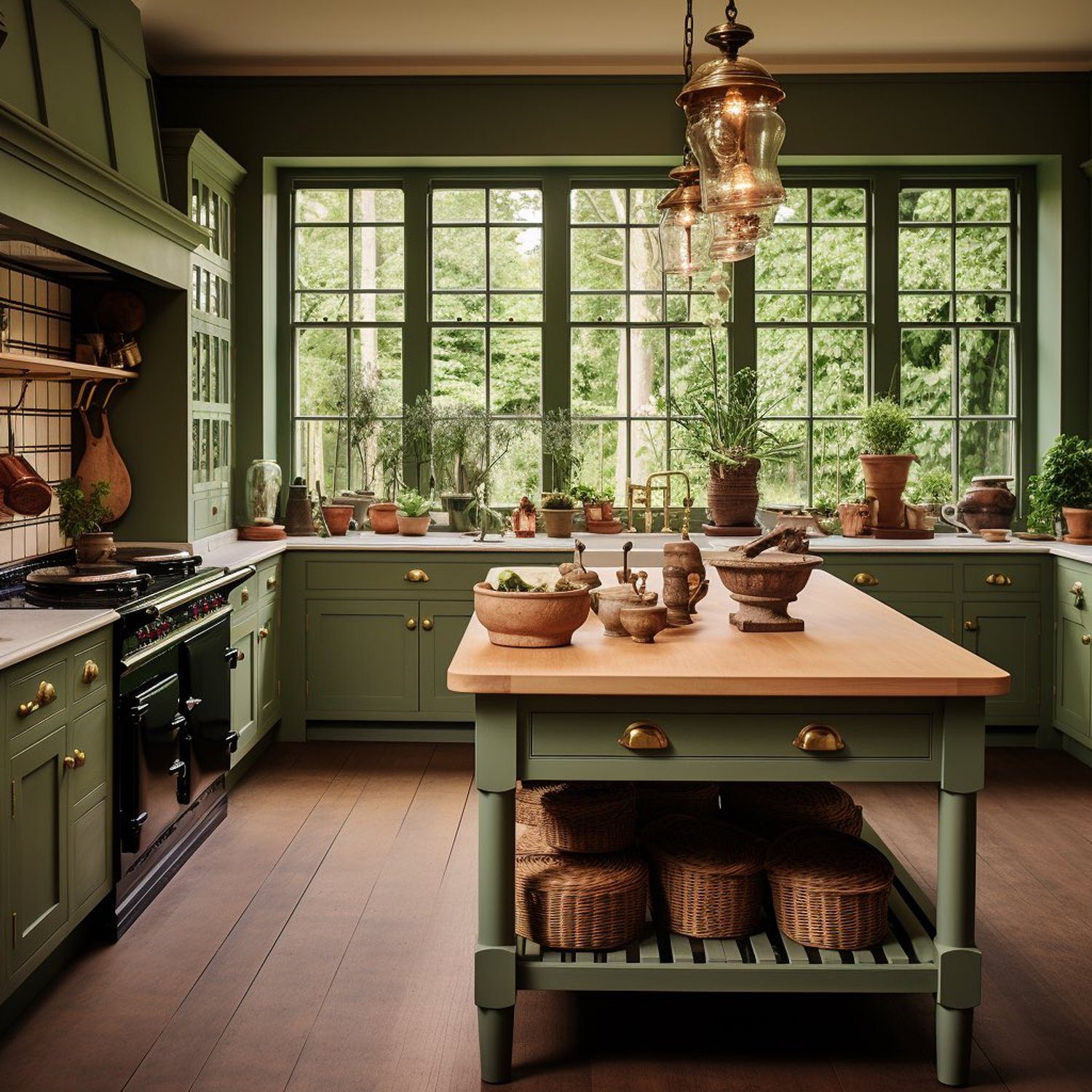 A serene green kitchen with lush garden views