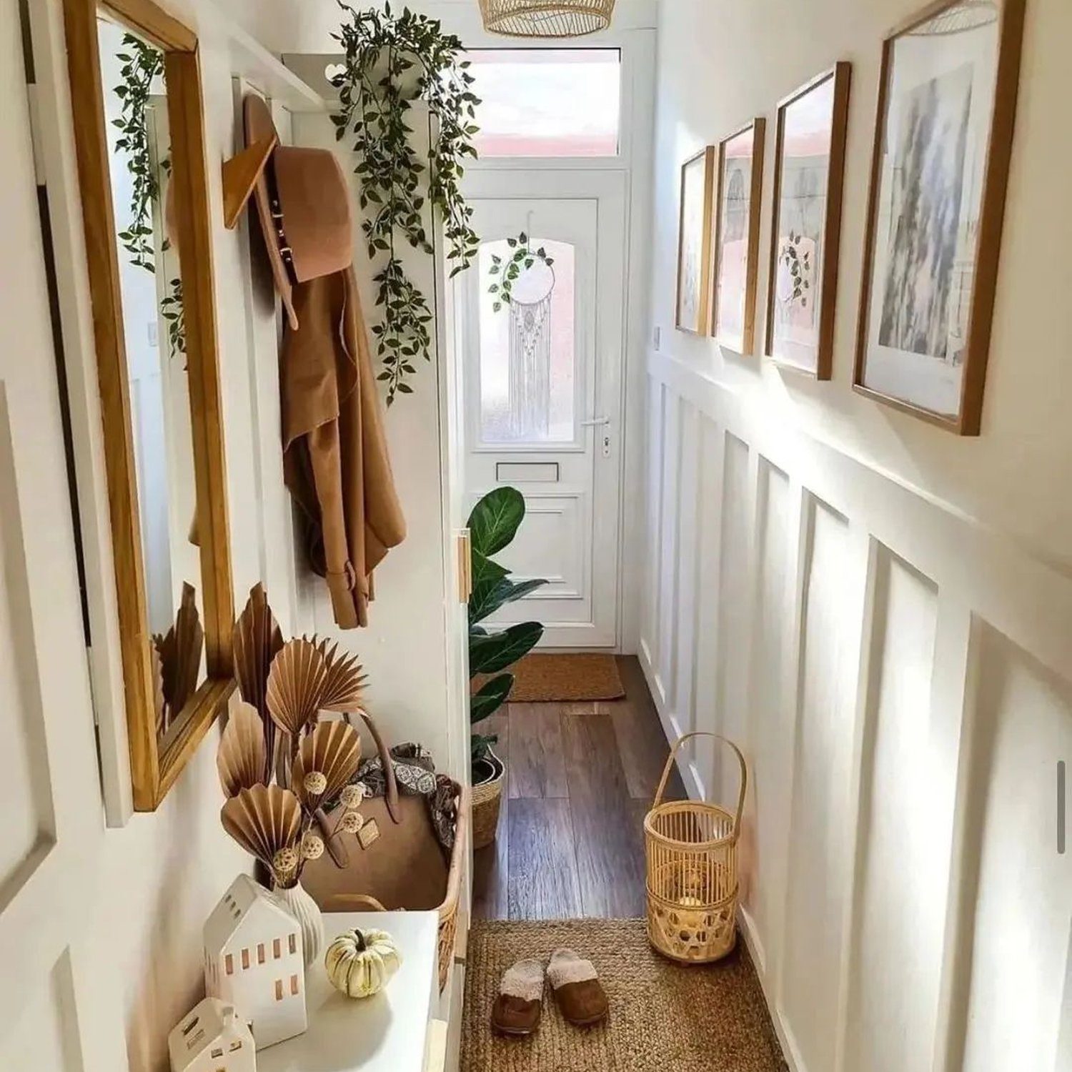 A cozy and welcoming hallway featuring a natural color palette