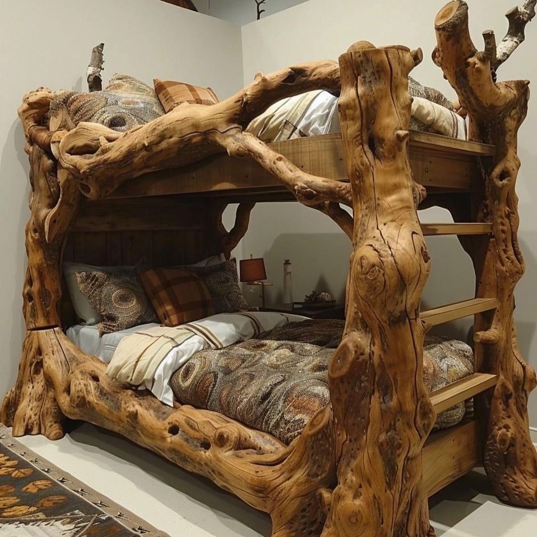 A rustic, gnarled wood bunk bed adds a touch of wilderness charm to a bedroom.