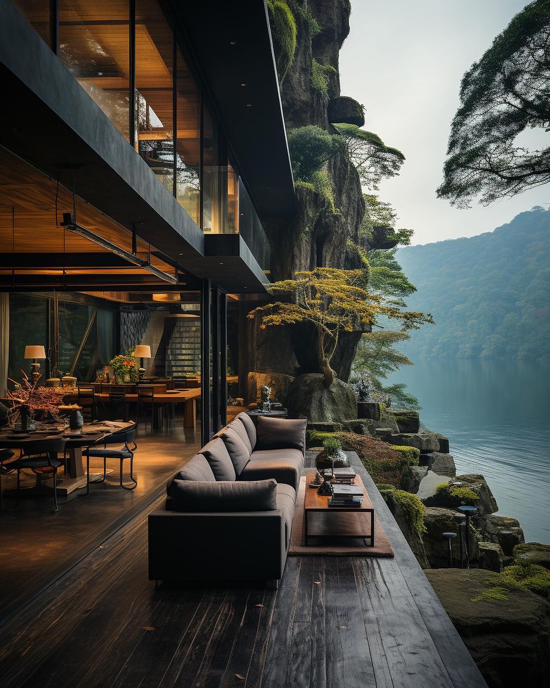 A harmonious integration of architecture and nature with a modern living room extending to a rugged cliffside