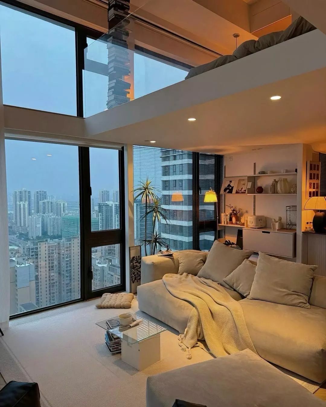 Chic high-rise apartment living room with a stunning city view