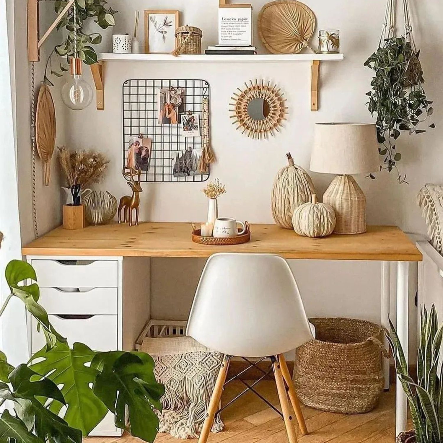 A cozy and inviting home office nook with wooden accents