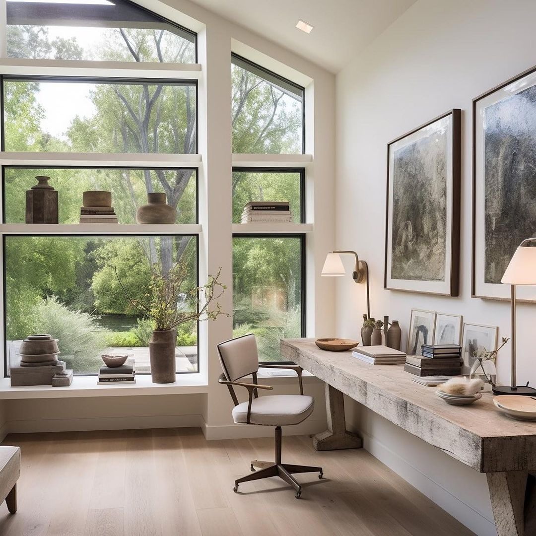 A serene home office with expansive windows