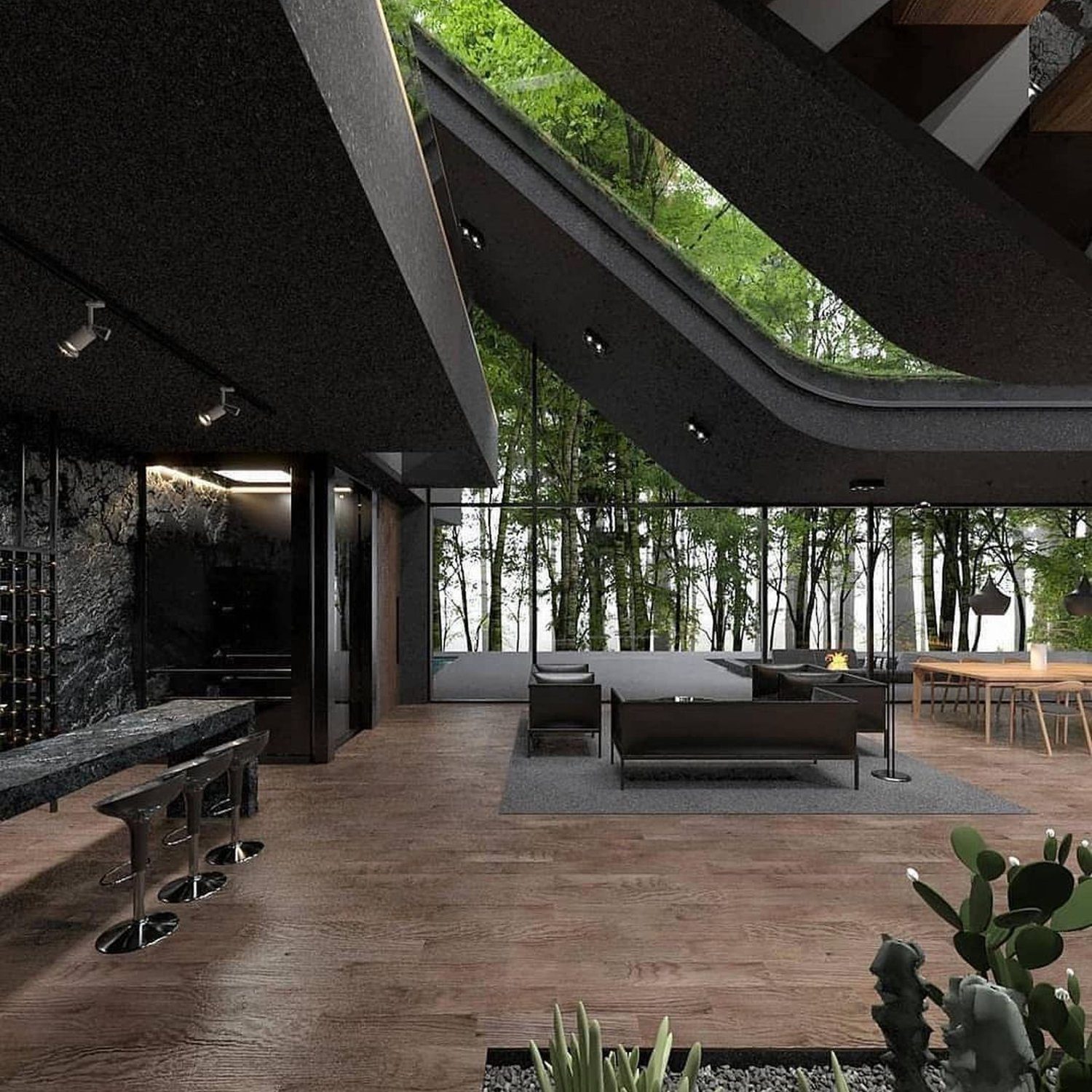 A luxurious living room with immersive nature views