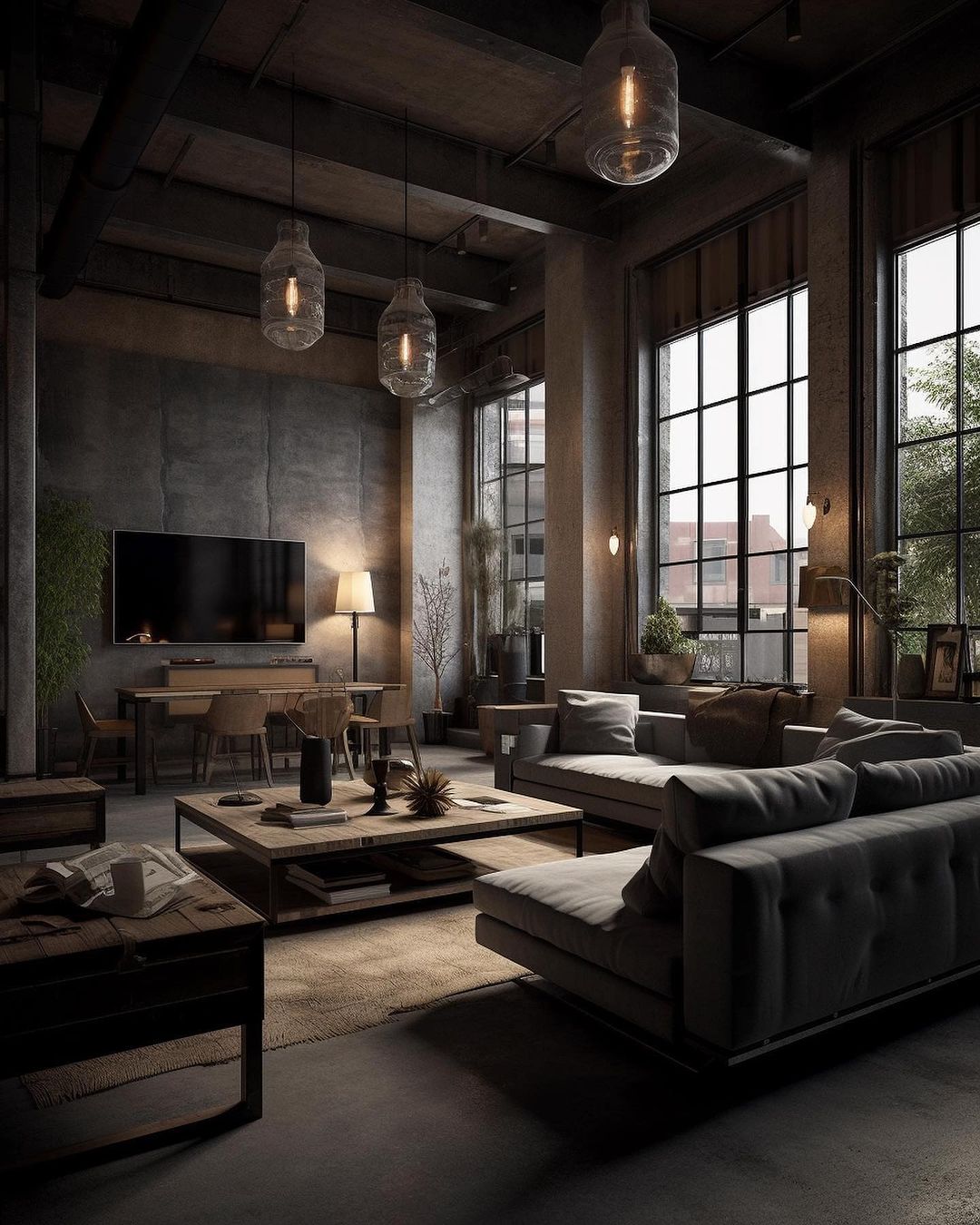 An industrial-inspired living room with exposed beams and concrete walls