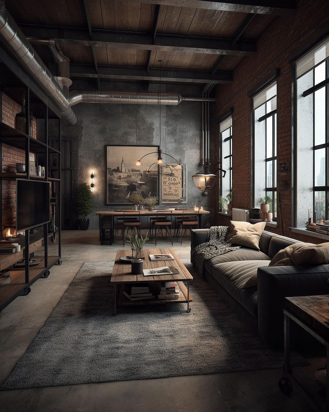 A chic industrial loft featuring exposed brick walls and ductwork