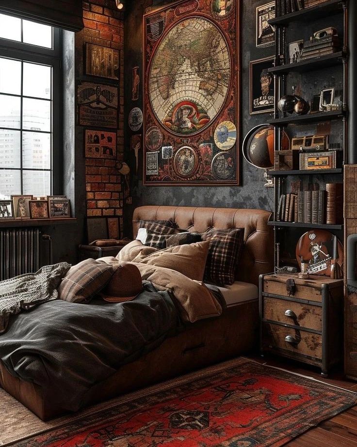 A meticulously curated industrial-themed bedroom with exposed brick walls and vintage décor