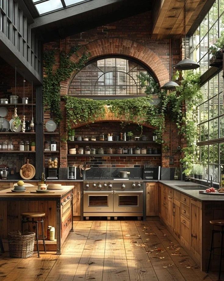 A chic industrial kitchen with lush greenery accents and rustic wood elements.