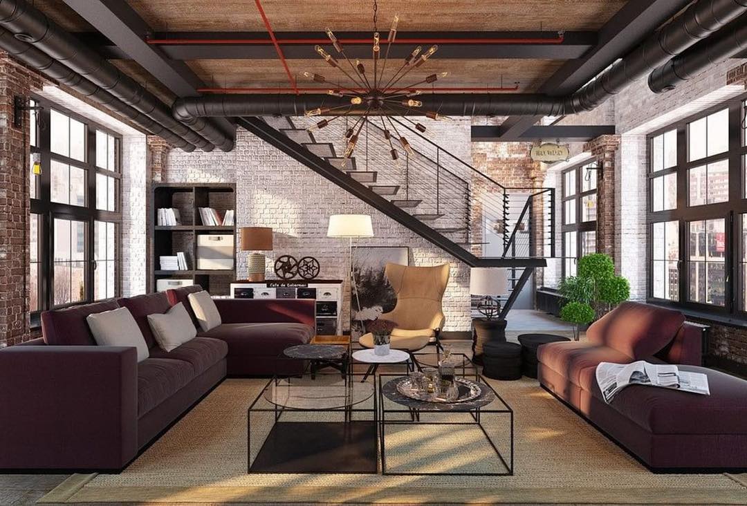 Loft-style living area with exposed brick and industrial accents