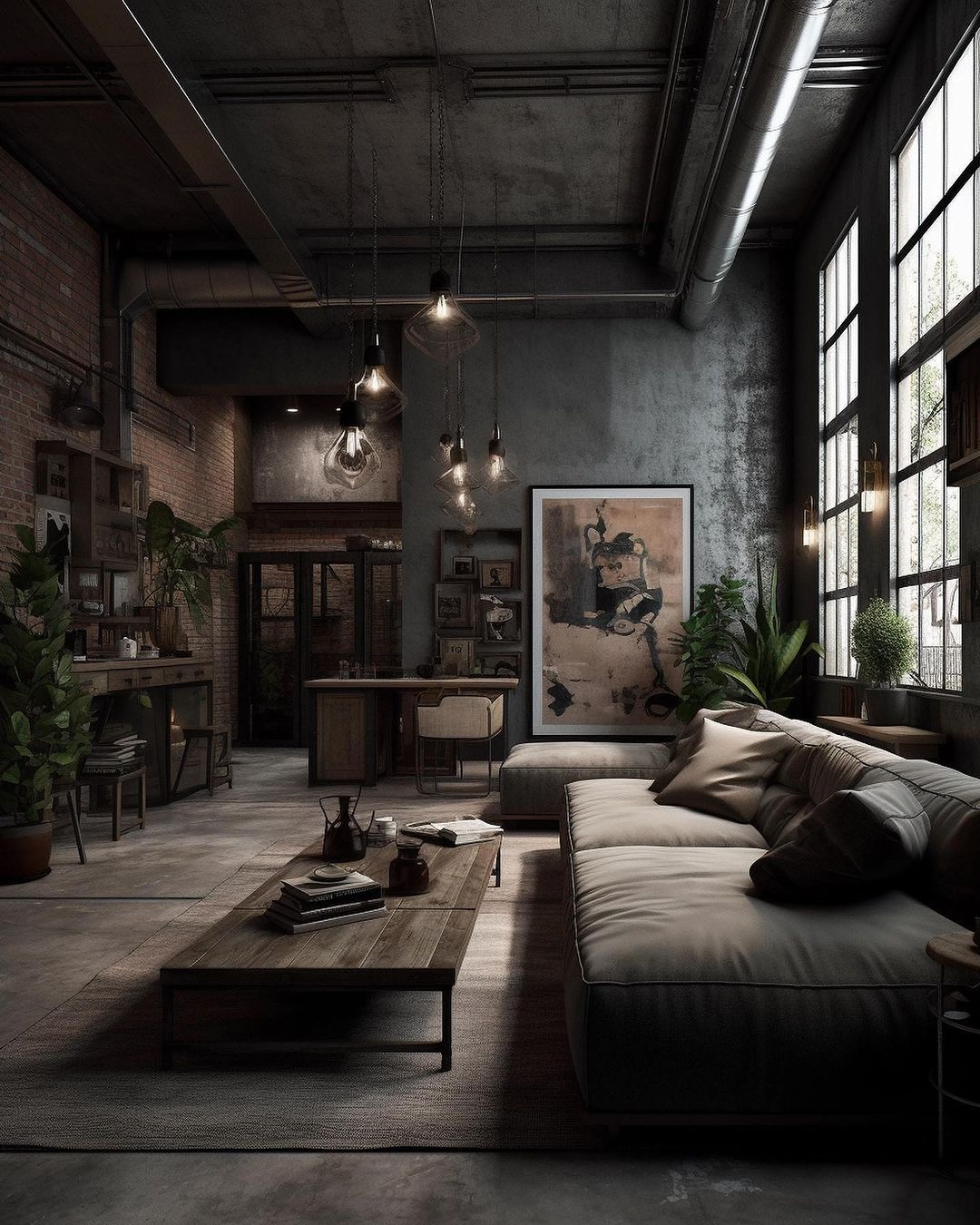 Industrial-style living room with exposed brick and ductwork