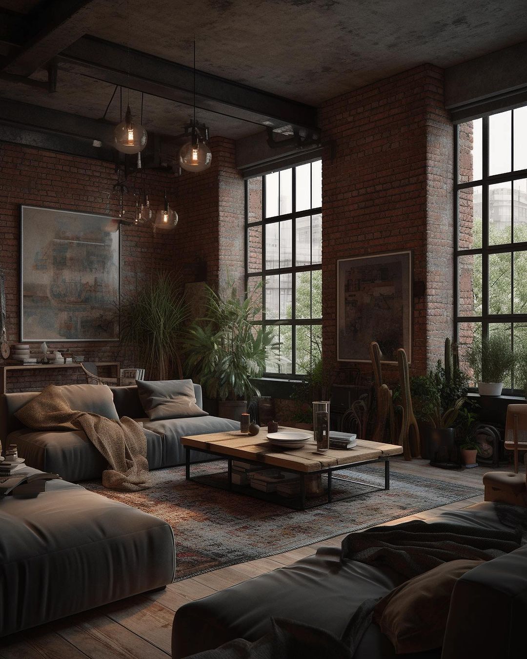 A cozy industrial-style living room with exposed brick walls and large windows