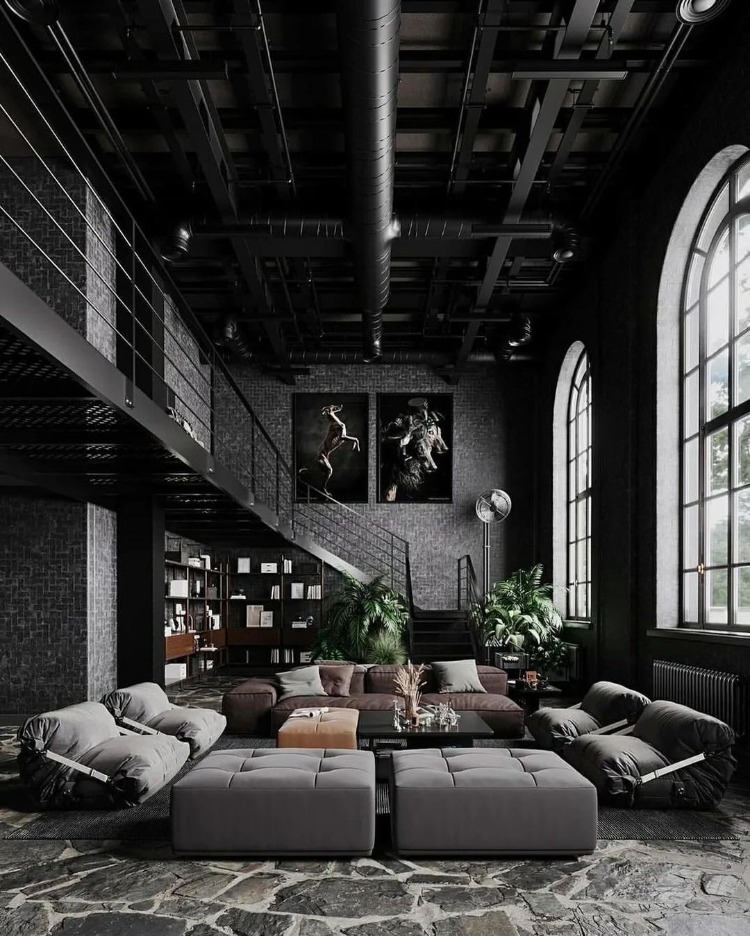 A well-designed, atmospheric loft-style living room with exposed ductwork