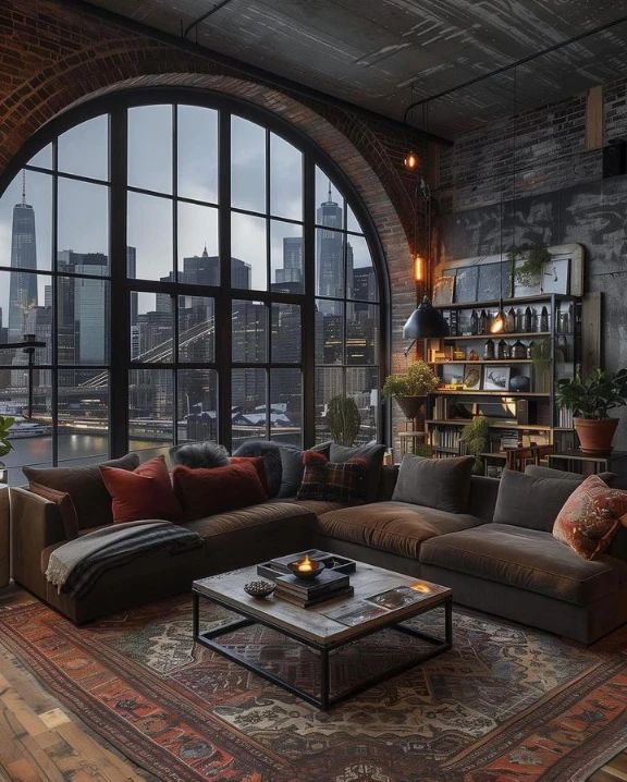 A cozy industrial-style living room with exposed brick and a large arched window