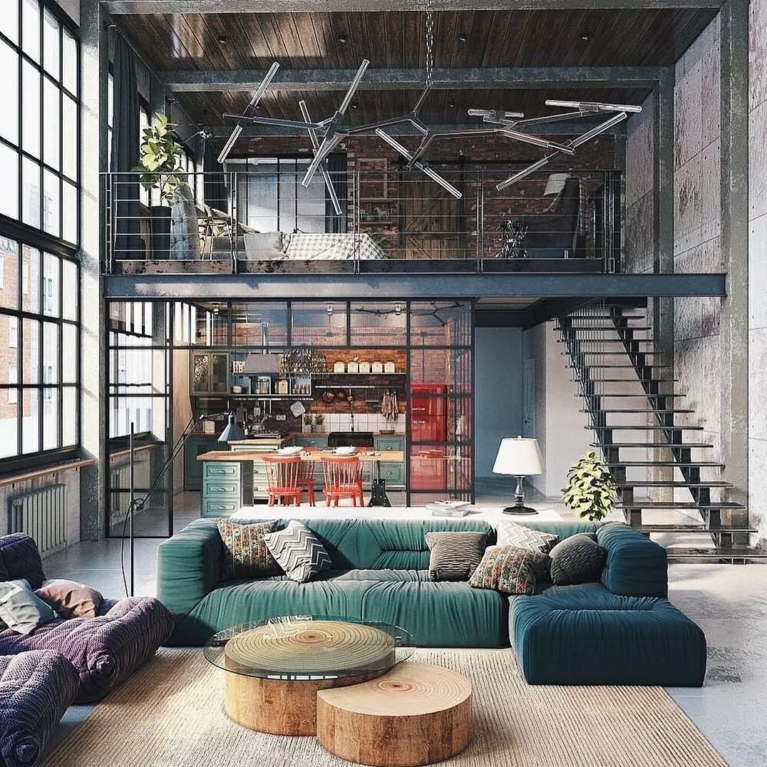 Loft apartment interior with exposed brick and modern furniture