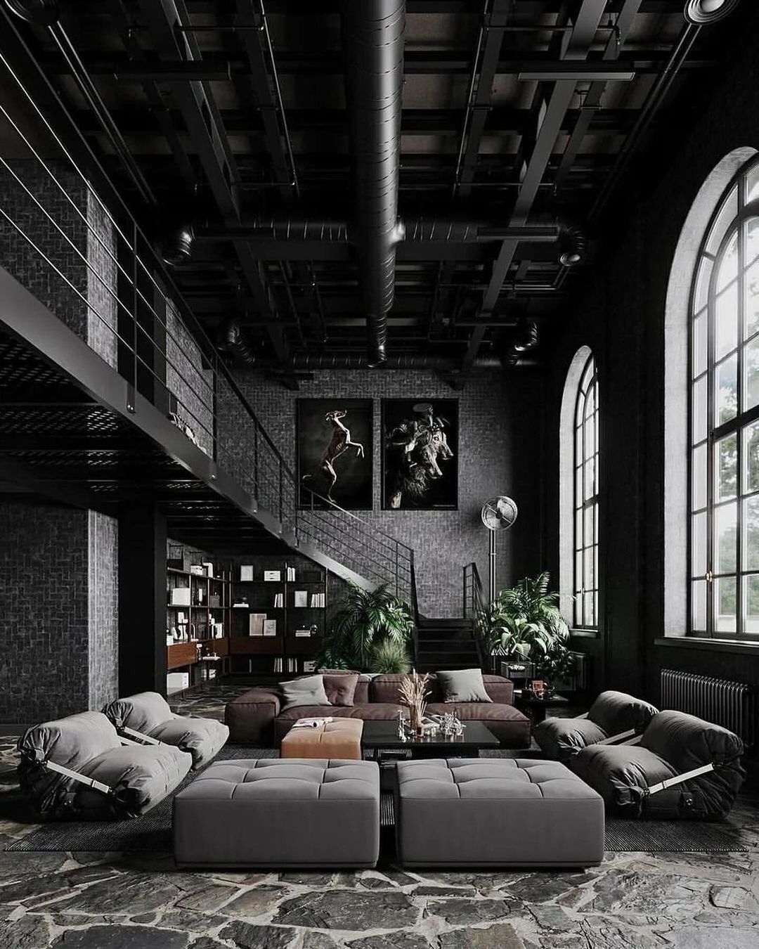 A loft-style living room with high ceilings and industrial elements