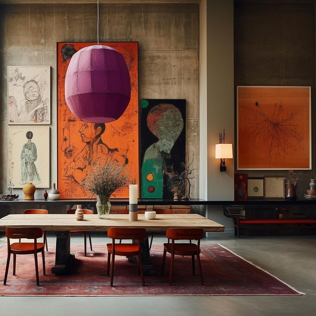 Industrial dining room with colorful art