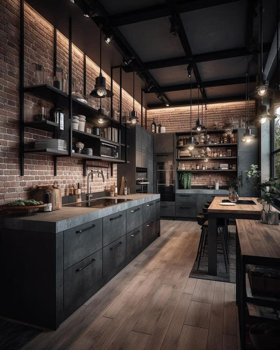 Industrial-style kitchen with exposed brick walls and dark cabinetry