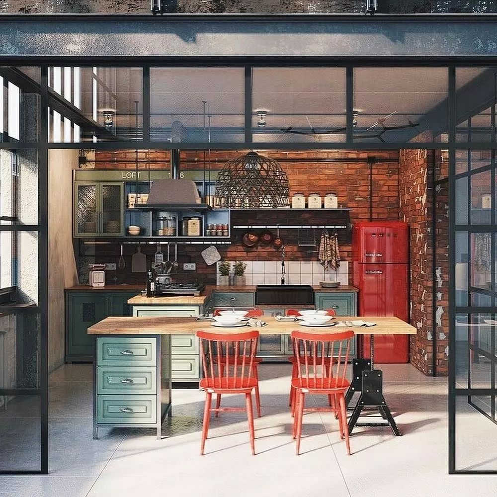 A stylishly industrial kitchen with a vibrant retro twist