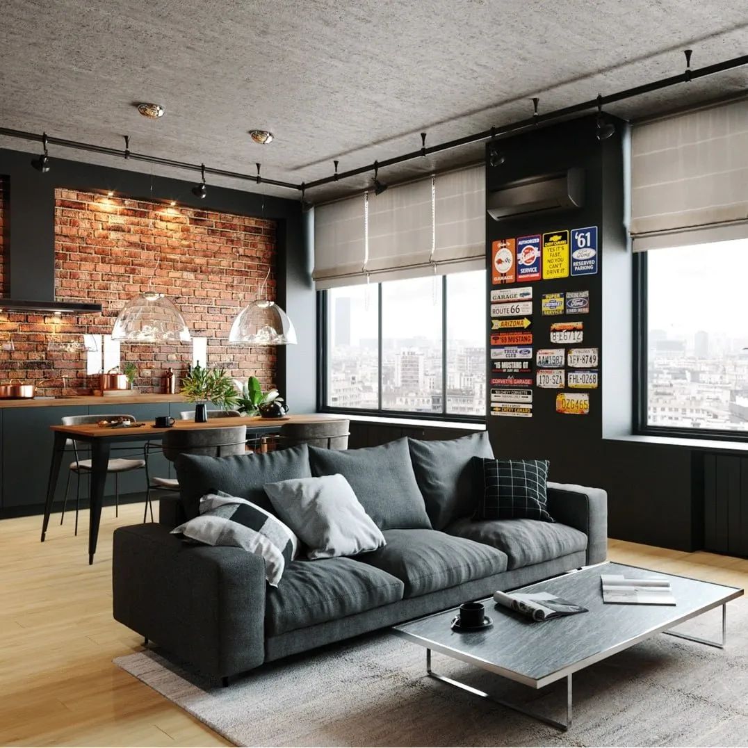 A stylish industrial living room with exposed brick and modern furnishings