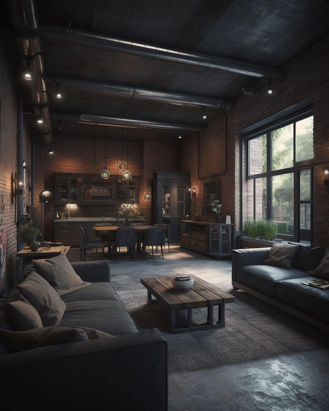 Loft-style living room with exposed brick walls and industrial elements