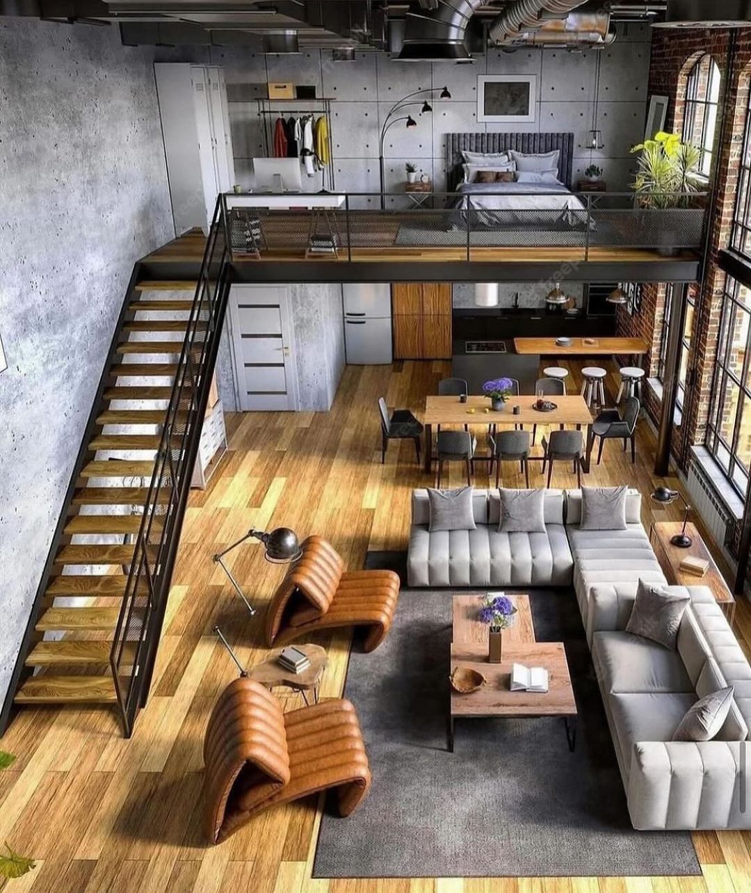 Loft-style open plan living space with industrial elements