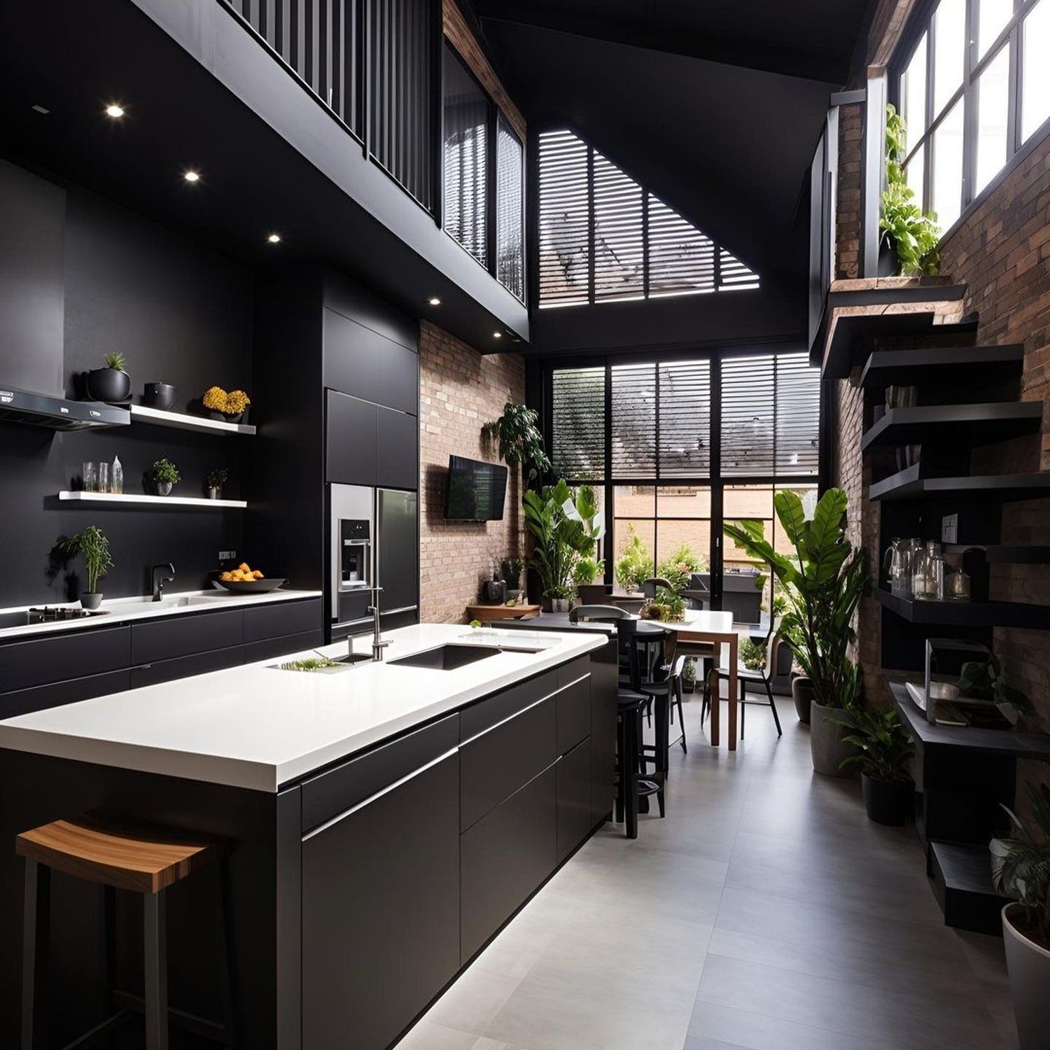 Stunning industrial-style kitchen with high ceilings