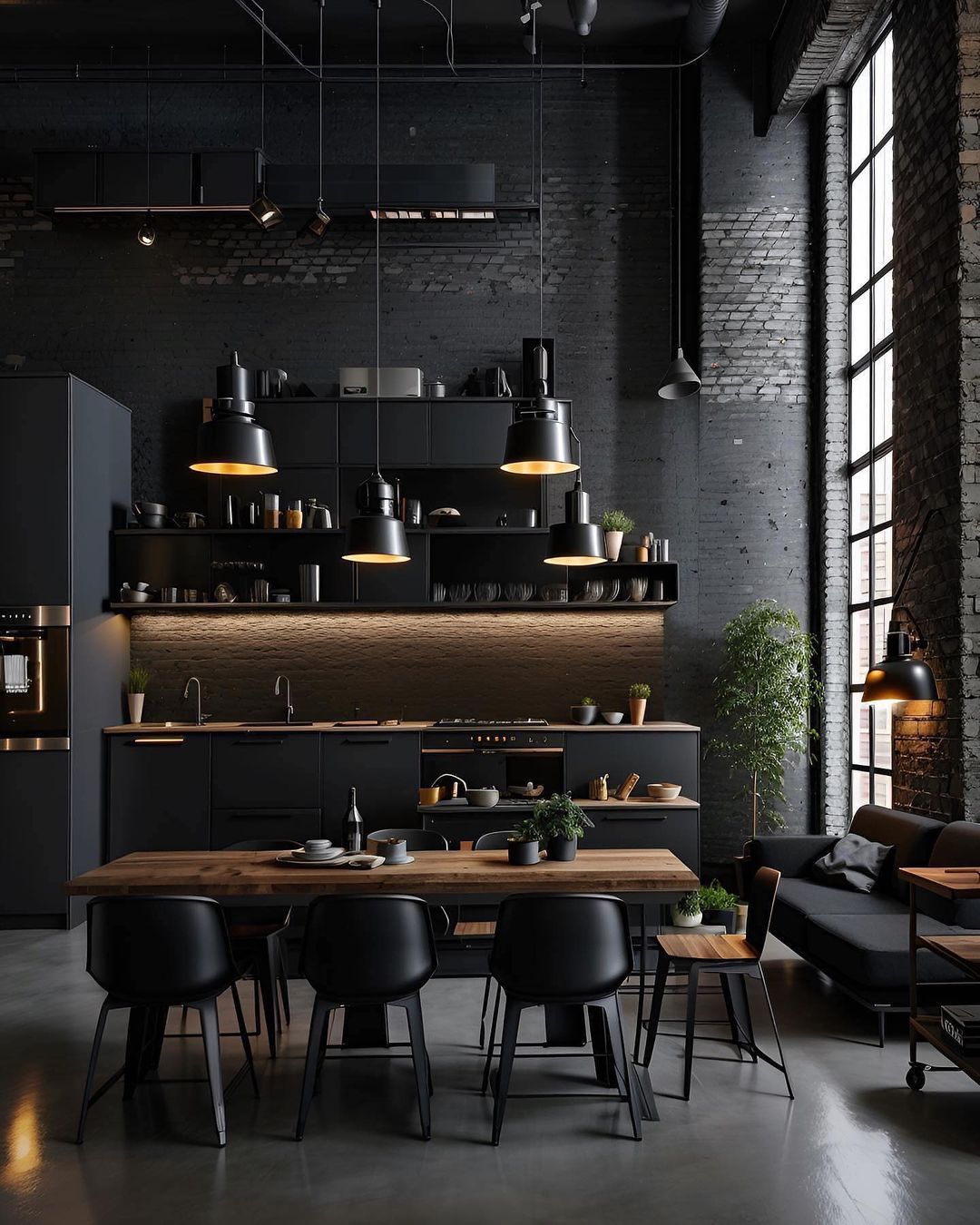 Industrial style kitchen with brick wall accents and modern black furniture