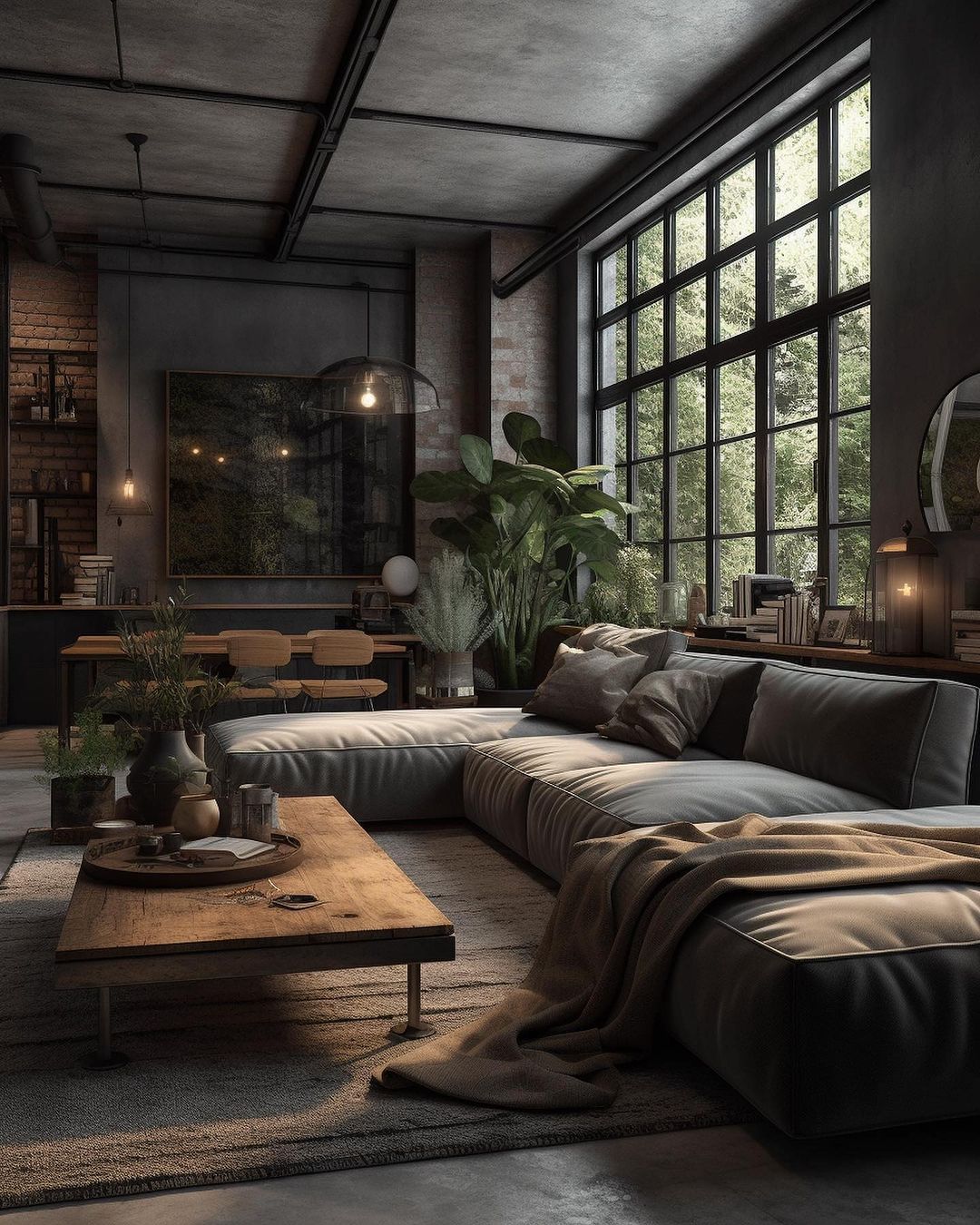 Cozy industrial style living room with large windows