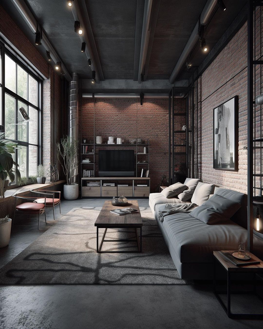 Industrial style living room with exposed brick walls and modern furniture