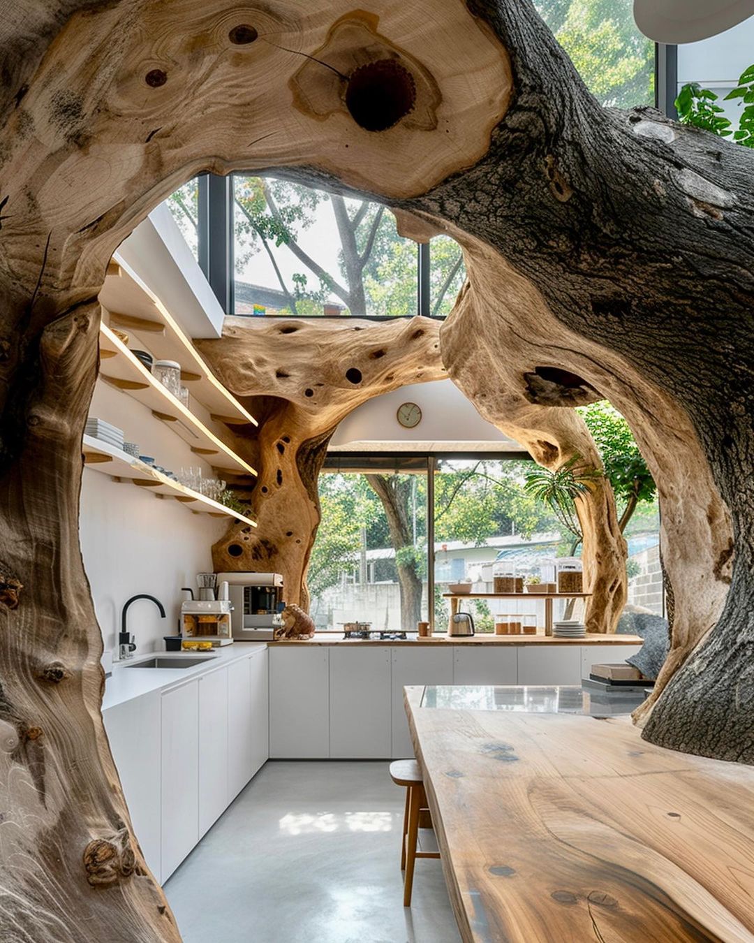 A unique kitchen design incorporating natural tree trunks