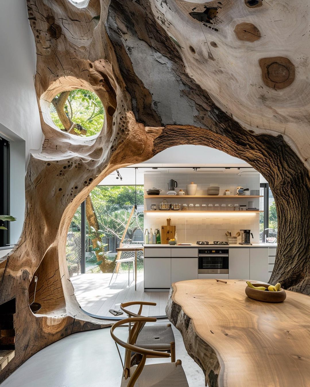 A unique kitchen seamlessly blended with nature, featuring a live-edge wooden bar and a tree trunk as a central element