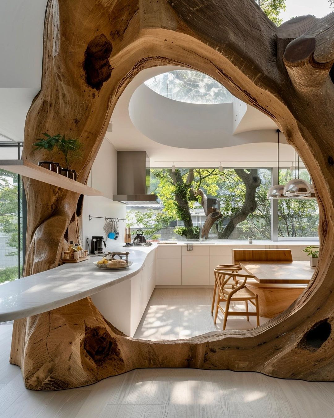 A kitchen seamlessly integrating a natural wooden element as a centerpiece