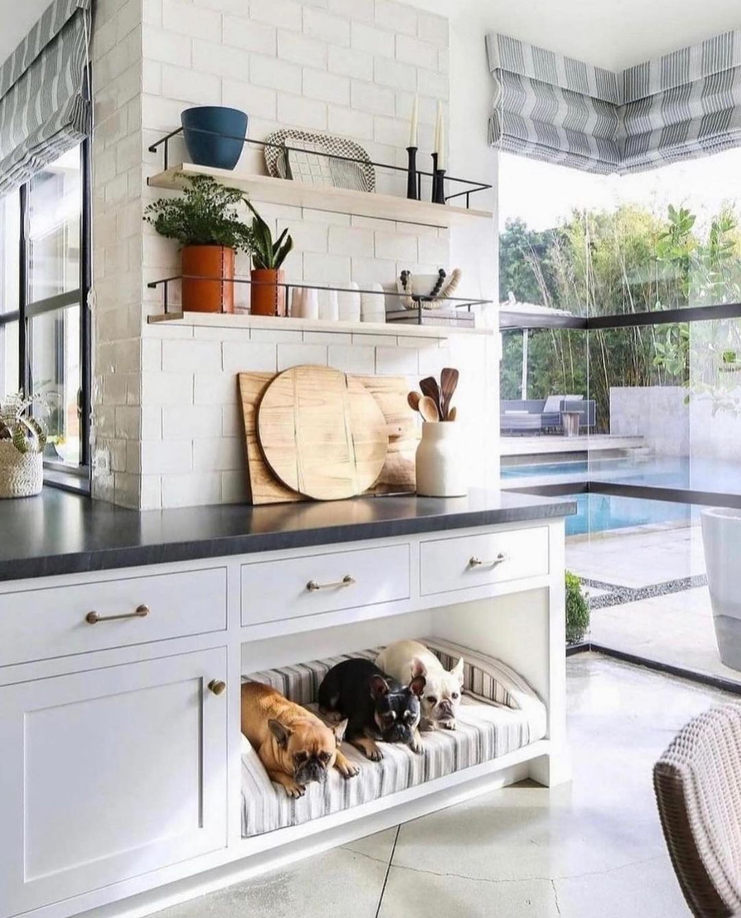 A chic and functional kitchen nook featuring a built-in pet bed beneath the white cabinetry, with dogs resting comfortably, adjacent to a stylish poolside view.