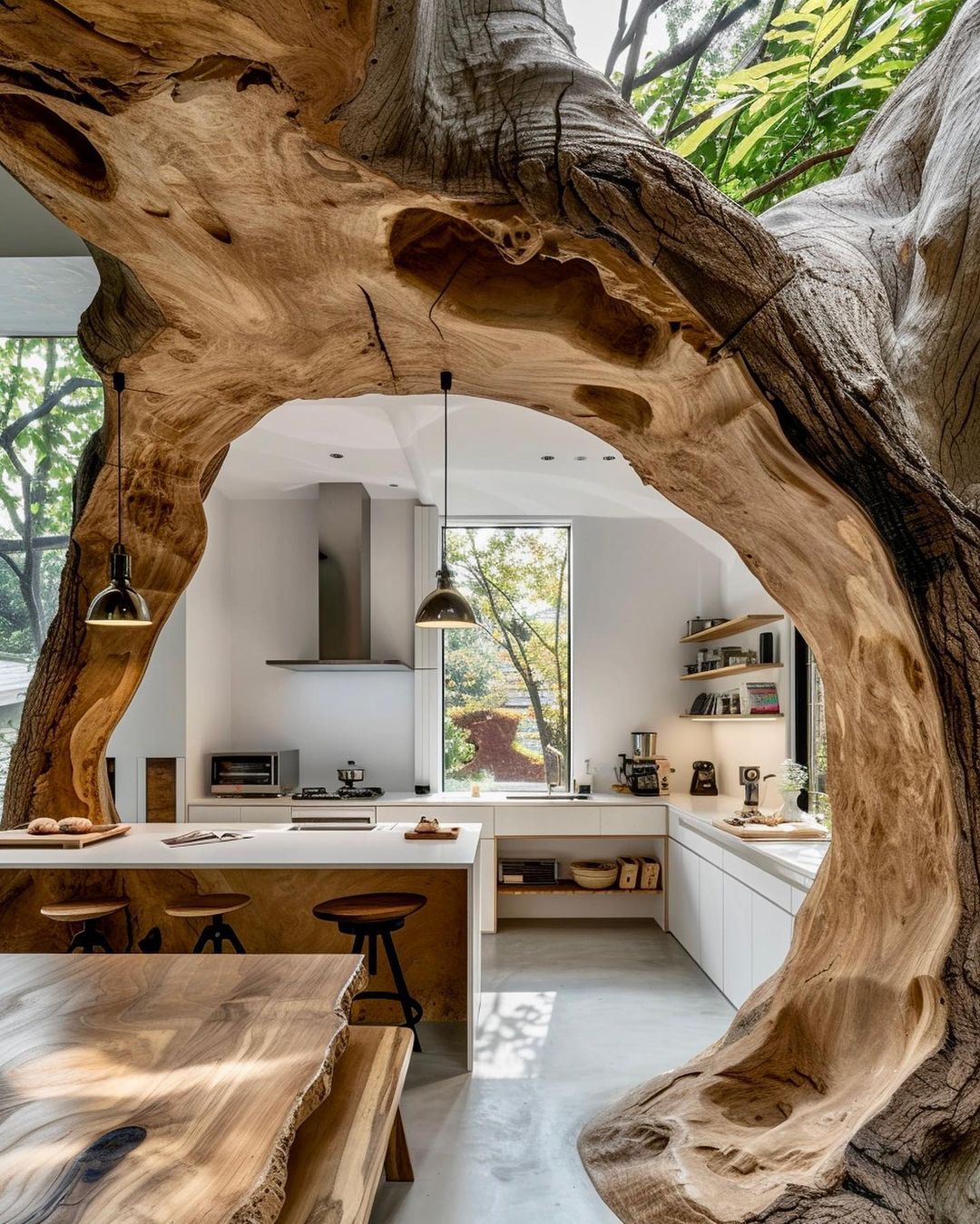 A unique kitchen space with a live-edge wooden table and a tree trunk arch