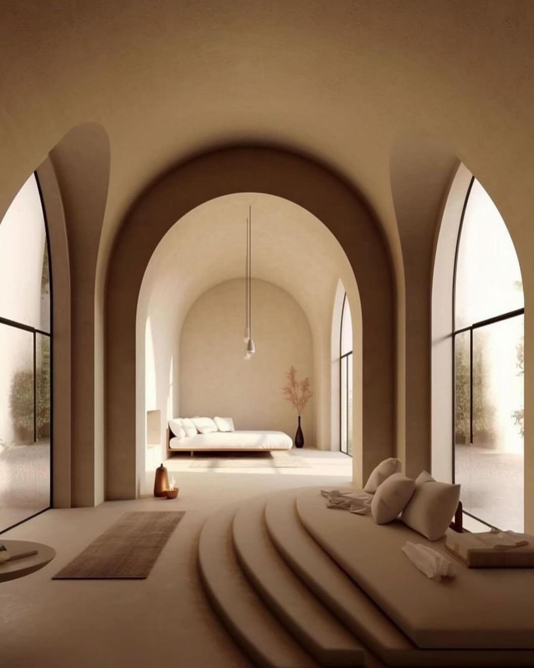 An aesthetically soothing living space with archways