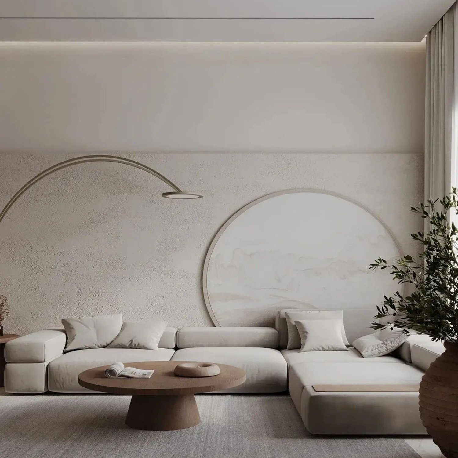 Elegant minimalist living room with soft tones