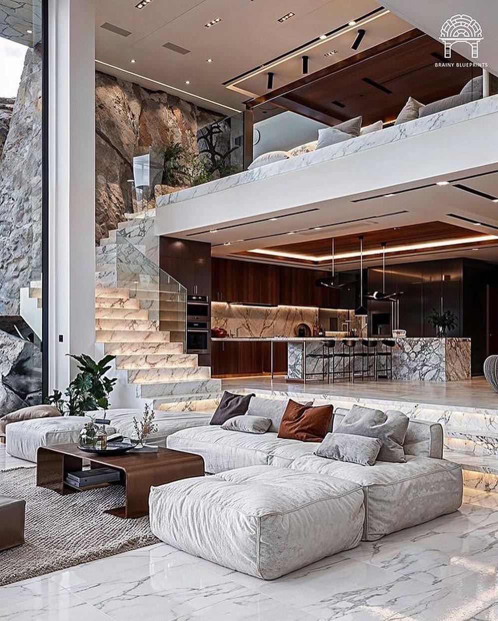 Stunning modern living room seamlessly blending with natural rock formations