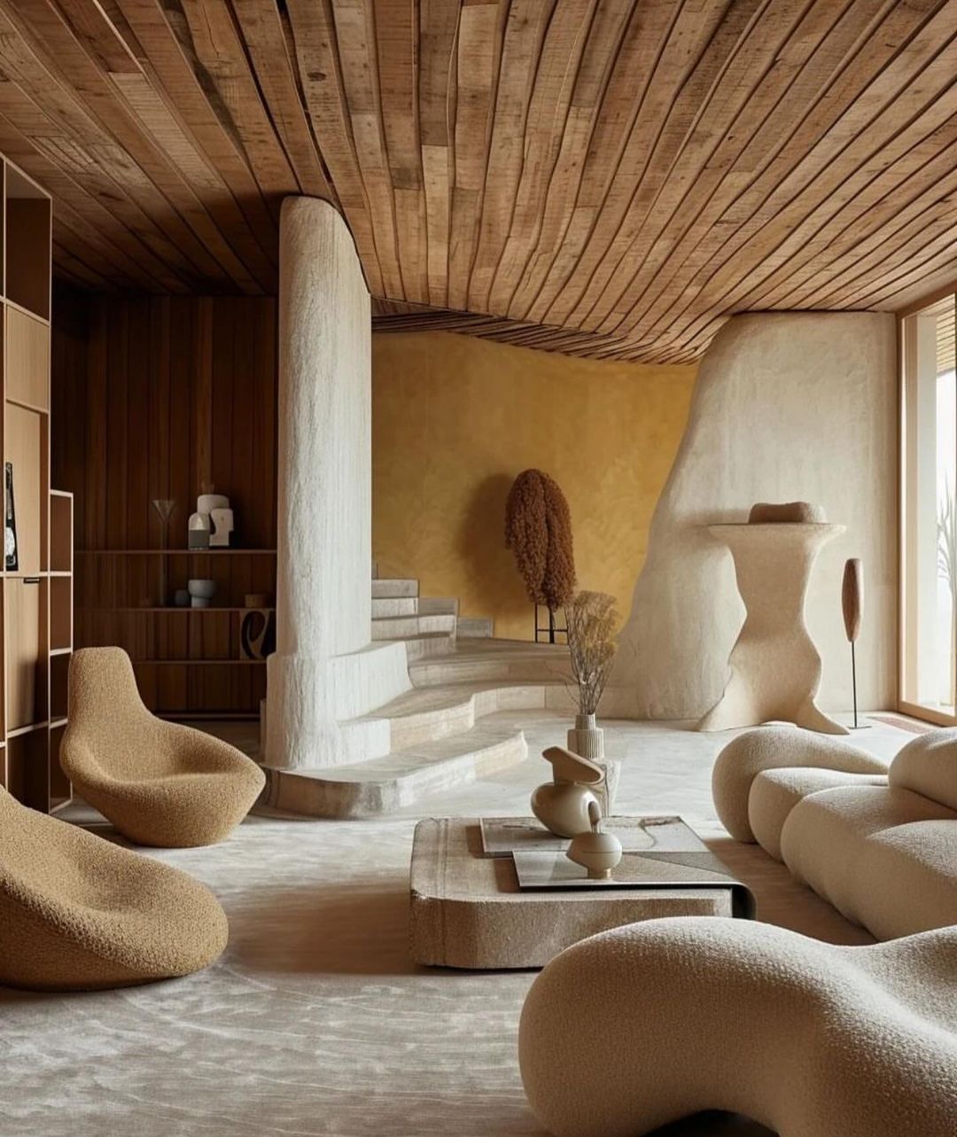 A harmonious blend of natural textures and materials in an organic interior space