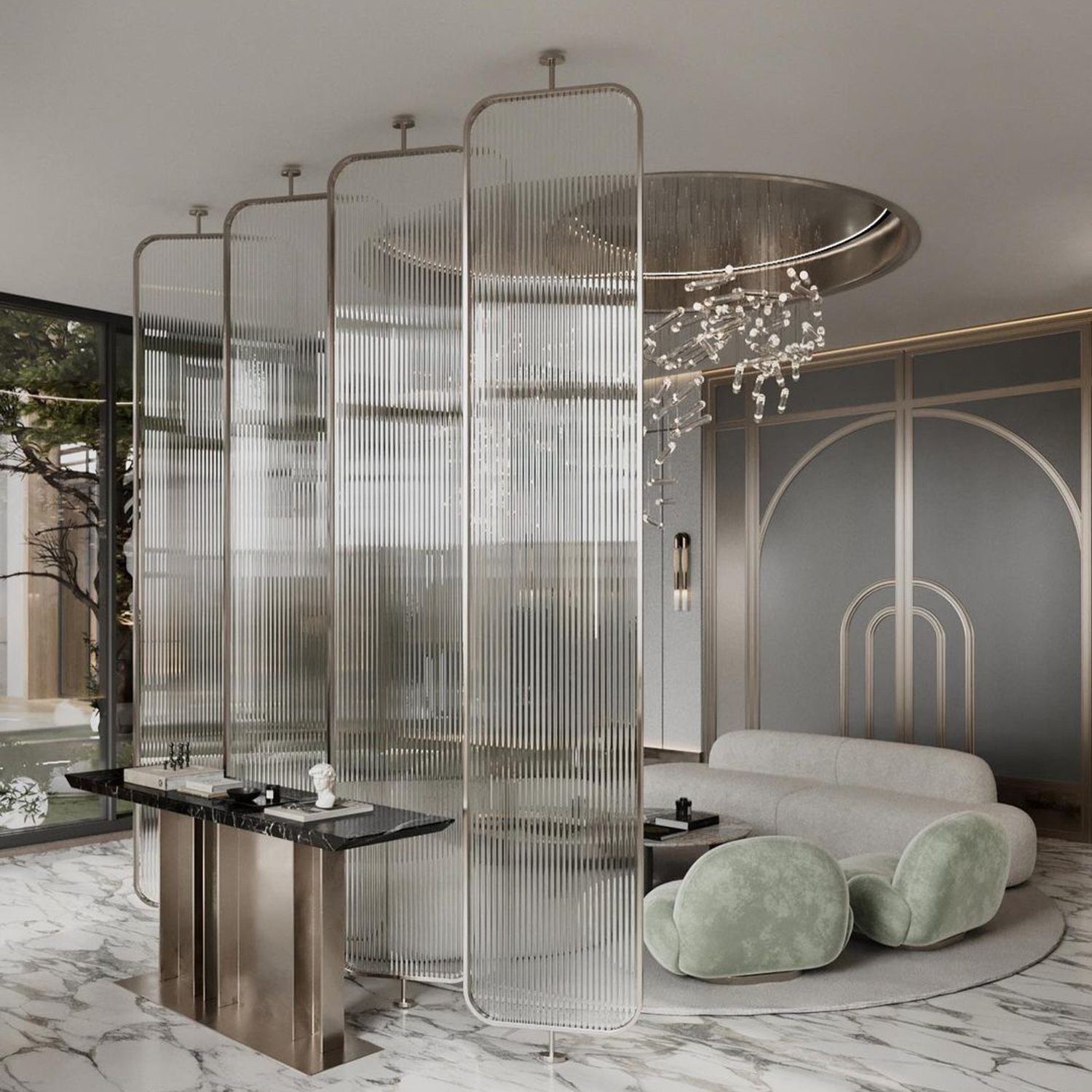 A modern, elegant living space featuring fluted glass partitions, plush seating, and marble flooring