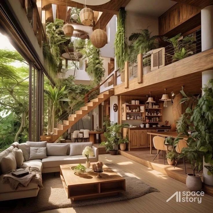 A modern home interior with lush greenery and wooden elements