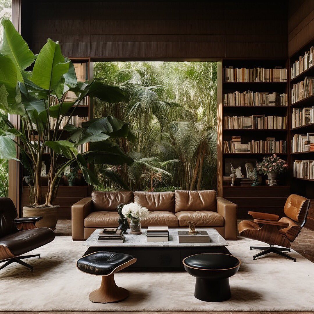 A harmoniously designed living room with expansive bookshelves and lush greenery